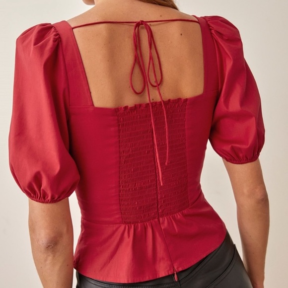 Reformation Designer Romantic Red Fiske Boho Puff Sleeve Victorian Stretch Top - Picture 3 of 14